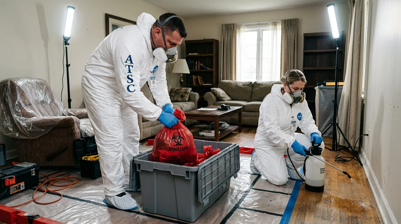 Professional Unattended Death Cleanup technician in full PPE working in Oxon Hill-Glassmanor